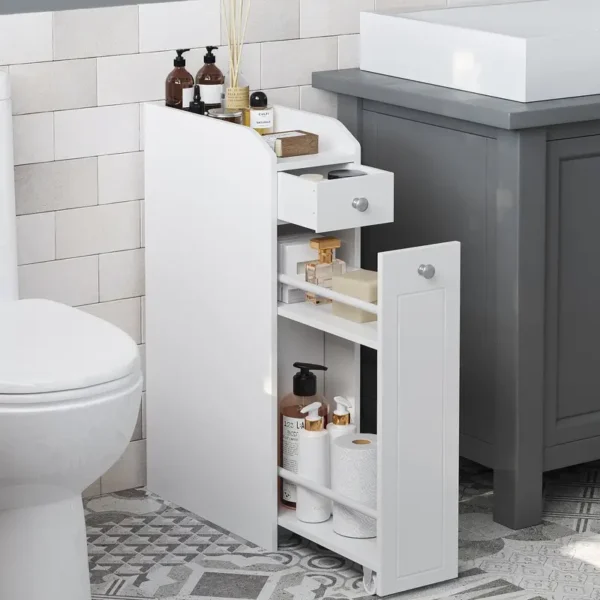 Armario Estrecho para Baño - Mueble Organizador con Cajones y Portarrollos