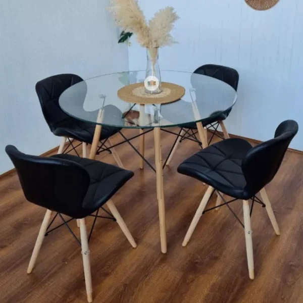 Set de Mesa Eames Redonda de Vidrio + 4 Sillas Alto Impacto – Diseño Moderno y Elegante