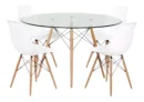 Juego de Comedor Eames – Mesa Redonda de Vidrio 100 cm + 4 Sillas Blancas con Patas de Madera