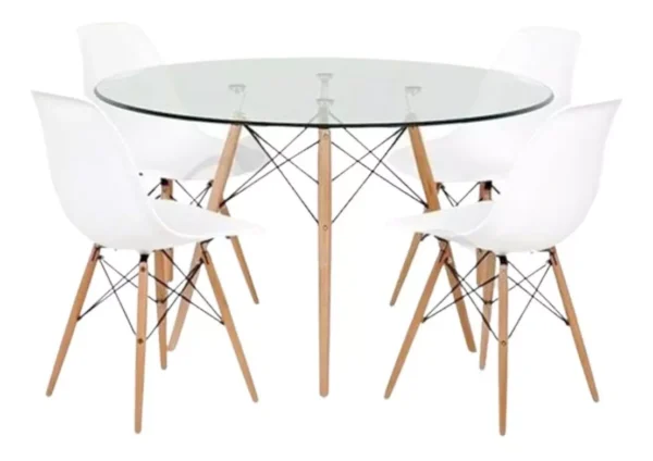 Juego de Comedor Eames – Mesa Redonda de Vidrio 100 cm + 4 Sillas Blancas con Patas de Madera