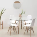 Juego de Comedor Eames – Mesa Redonda de Vidrio 100 cm + 4 Sillas Blancas con Patas de Madera