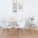 Juego de Comedor Eames – Mesa Redonda de Vidrio 100 cm + 4 Sillas Blancas con Patas de Madera