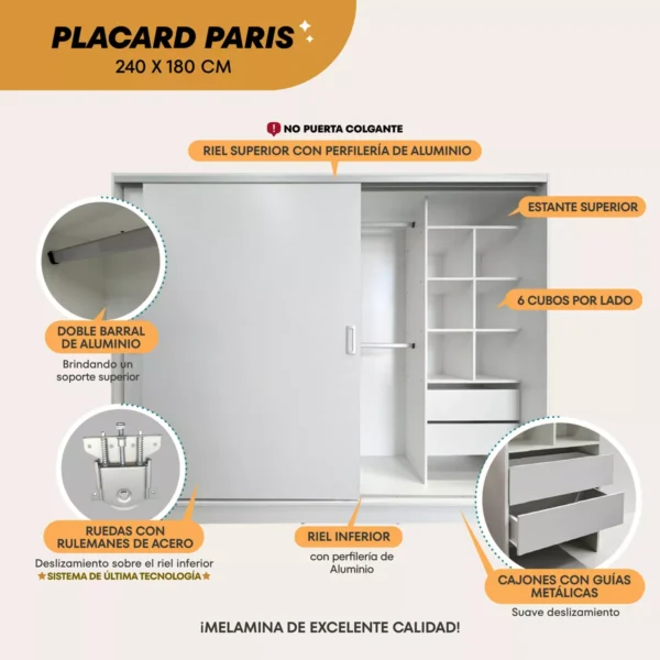 Placard Ropero 2 Puertas Corredizas 240x56x180 cm – 4 Cajones y Espacio para Calzado - Image 9