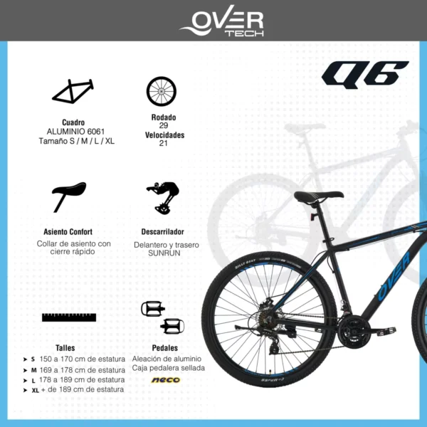 Bicicleta MTB Overtech Q6 R29 - Aluminio, 21 Velocidades y Frenos a Disco - Image 2